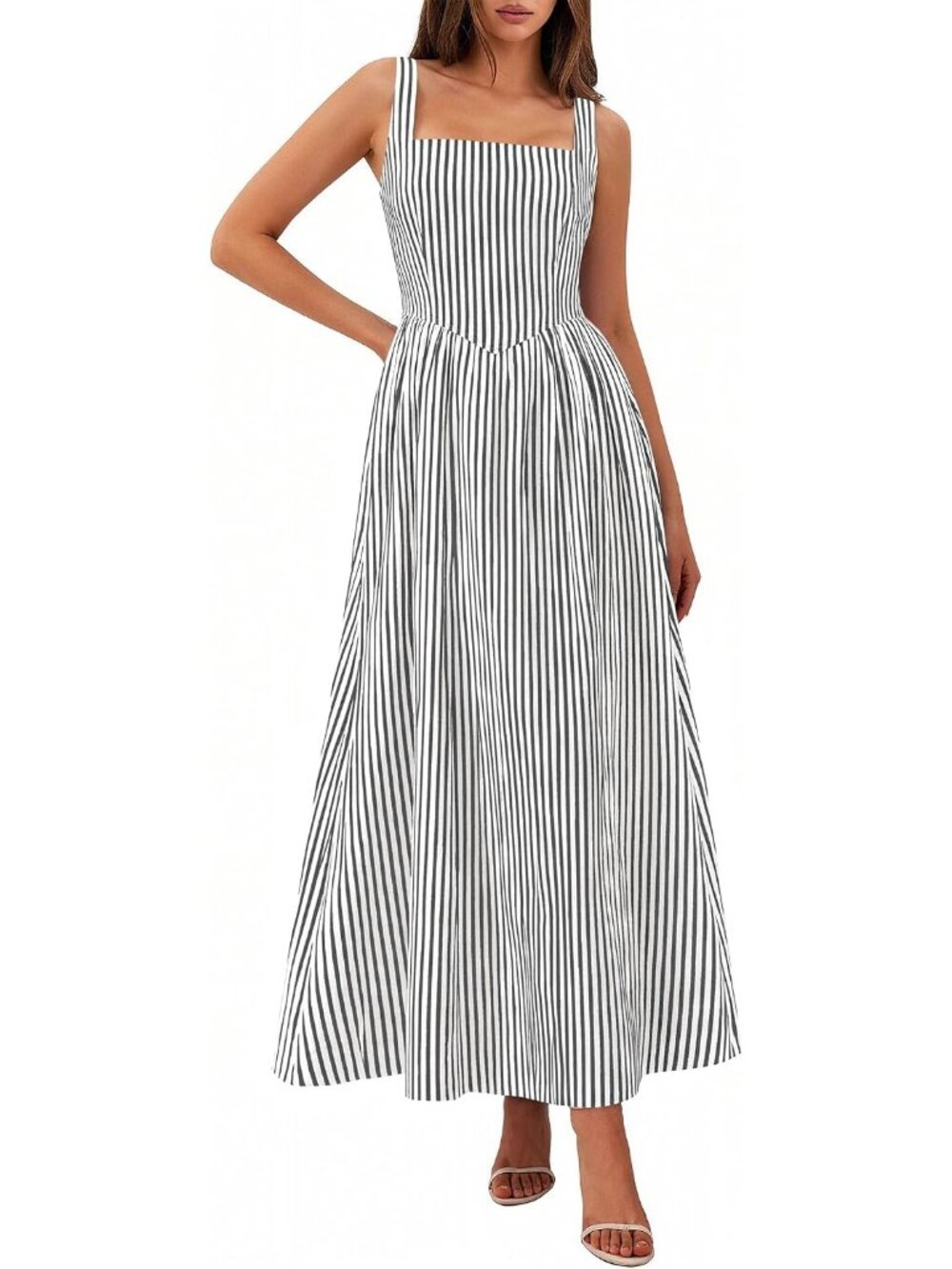 Women's Black Striped Sundress Summer Sleeveless Square Neck Pockets Maxi Dress